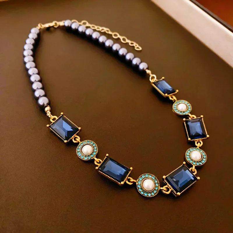 Dark Blue Rhinestone Square Pearl Necklace Earring for Women Medieval Vintage Collarbone Chain Exquisite Sparkle Jewelry Sets