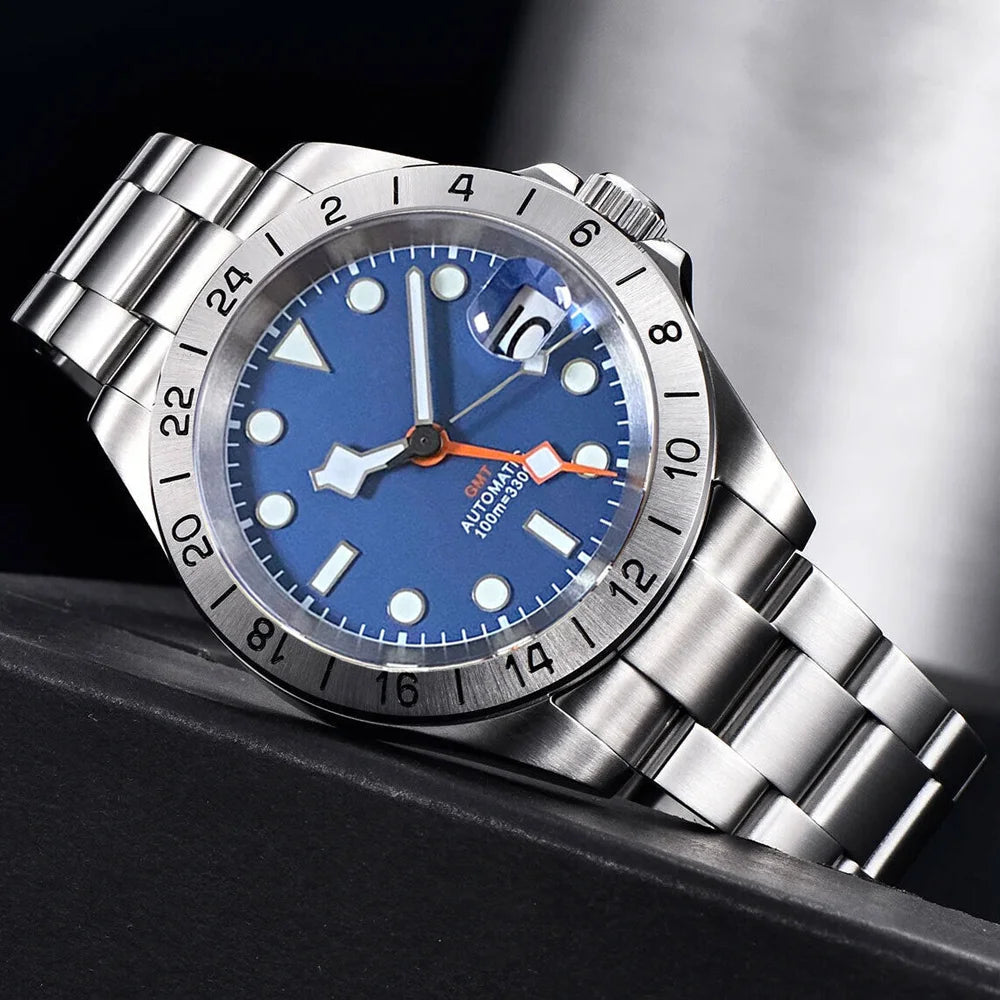 NH34A Watch Waterproof Field Automatic Mechanical Wristwatch Men Orange GMT Hand Master 24 Hours Sapphire Glass Glide Lock