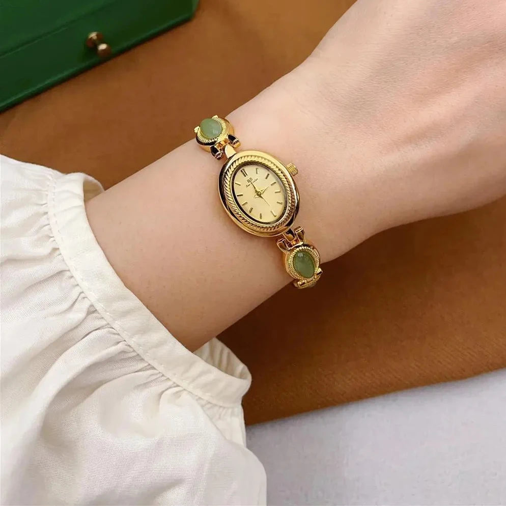 Watches For Woman Elegant Vintage Natural Dongling Stone Bracelet Ladies Small Dial Oval Quartz Dress Watch