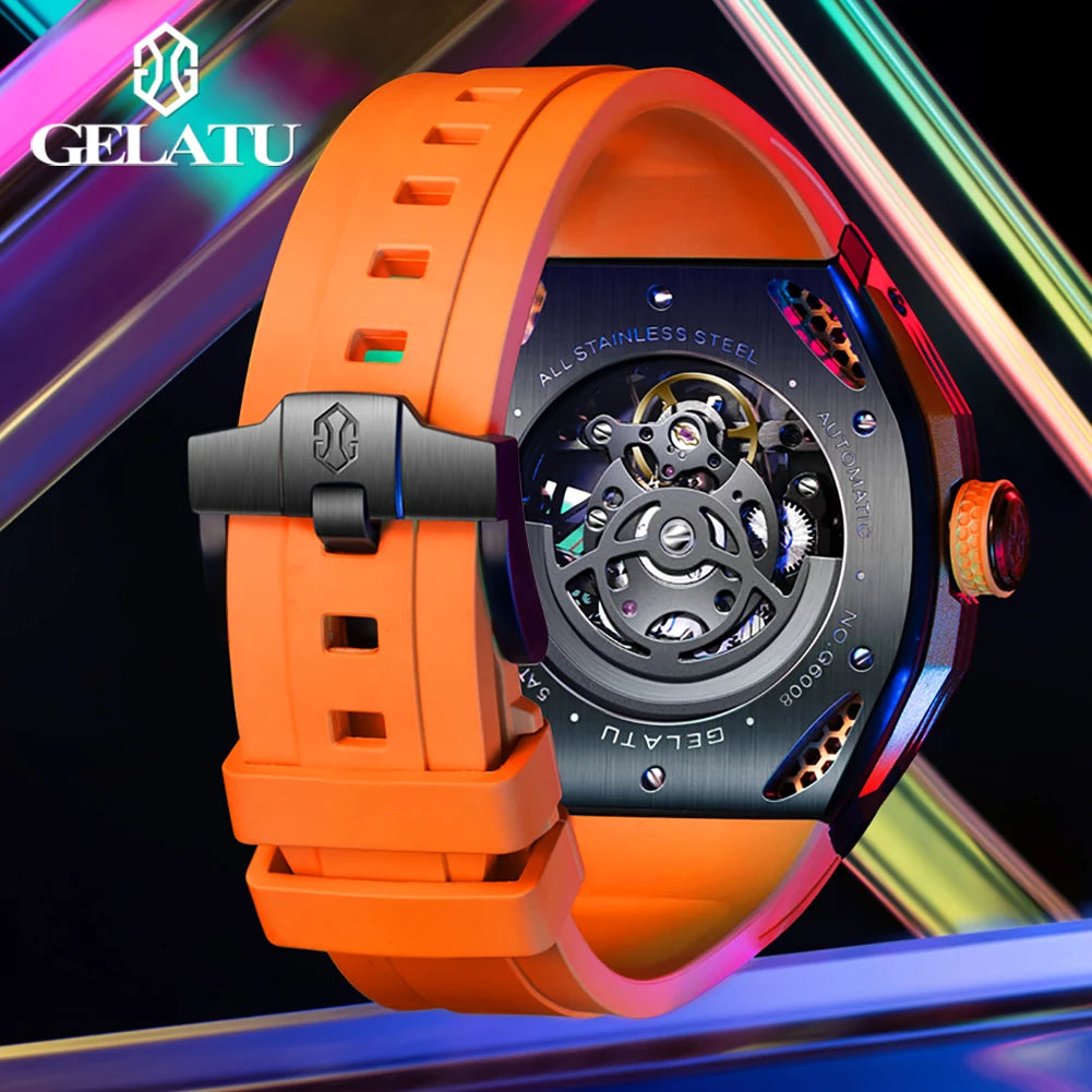 GELATU NEW Skeleton Tourbillon Watch For Men 5ATM Waterproof Luxury Sky Blue Automatic Mechanical Watches Mens Reloj Hombre
