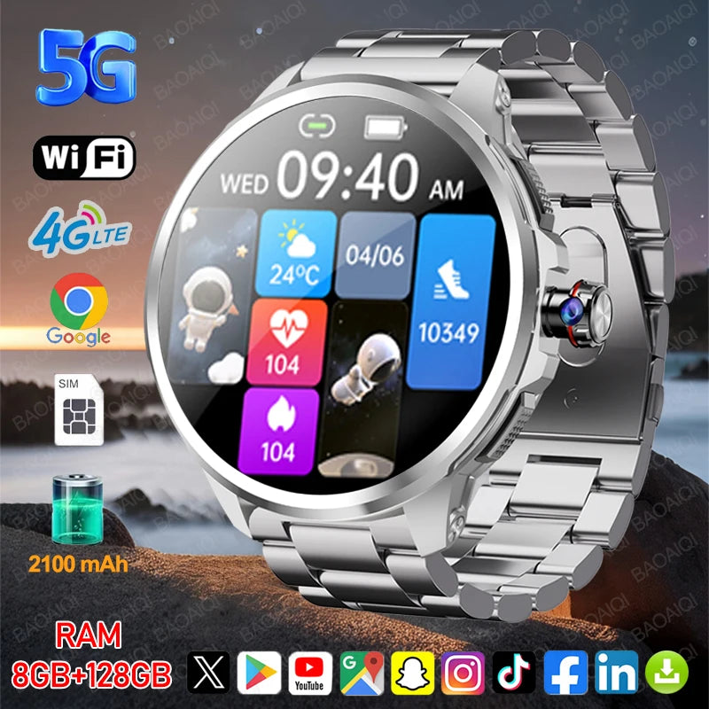 5G/4G Smart Watch 1.95 inch 720*720 AMOLED HD 900W Camera Clock 8GB+128GB RAM 1990mAh GPS WIFI Google APP Smartwatch Android 9.0