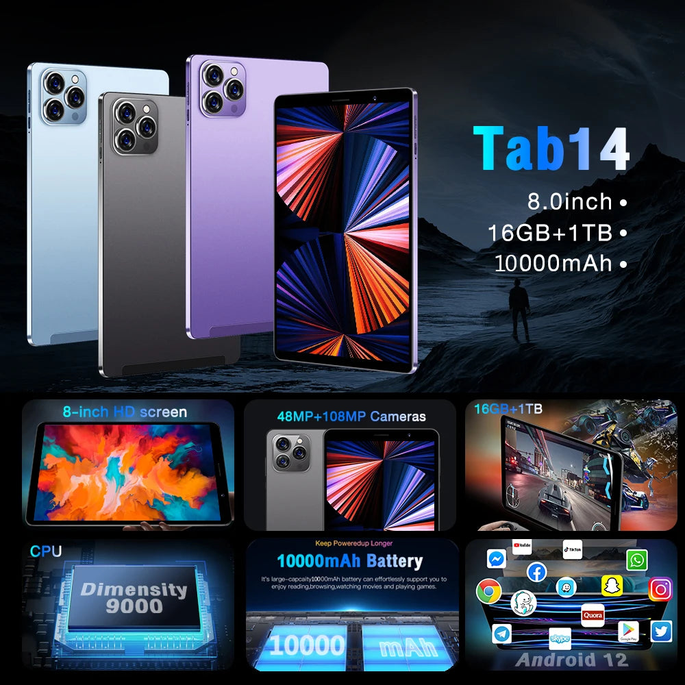 2025 Original 8 inch Pad Tab 14 Android 12 Tablet PC 16GB Ram 1TB Rom Dual SIM 10 Core Dimensity 9000 WPS GPS Bluetooth 10000mAh