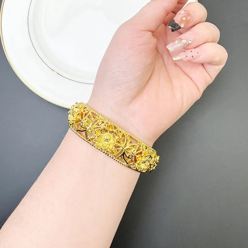 Luxury 24K 9999 Pure Gold real gold Women's Bracelet National Fashion Hollow Flower Opening Bracelet