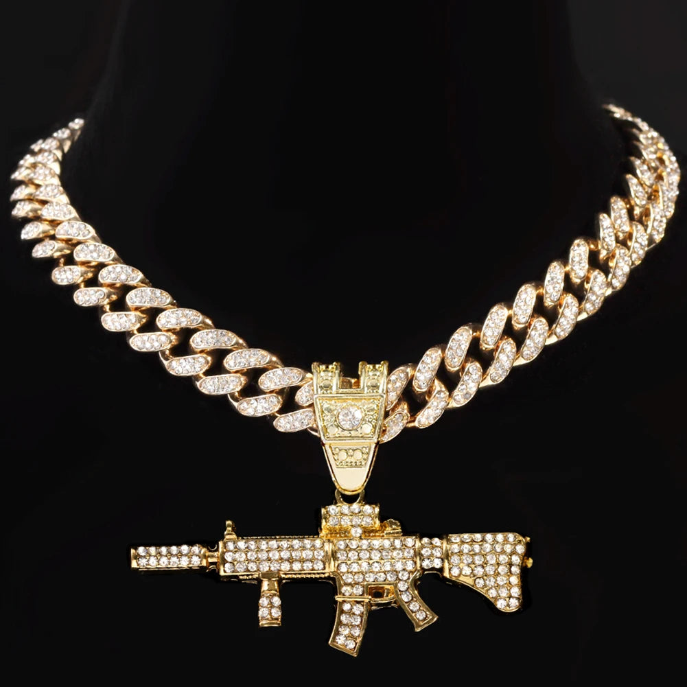 Men Women 14MM Cuban Chain AK47 Gun Pendant Necklace Iced Out AAA Rhinestone Prong Miami Cuban Link Chain Hip Hop Jewelry Gifts