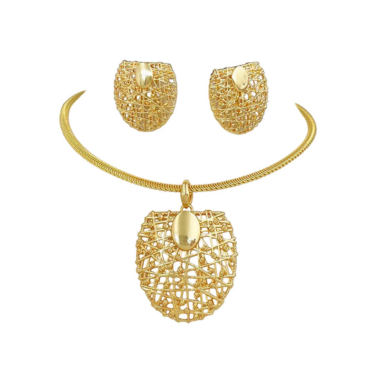 Gold jewelry set with necklace, earrings, and pendant