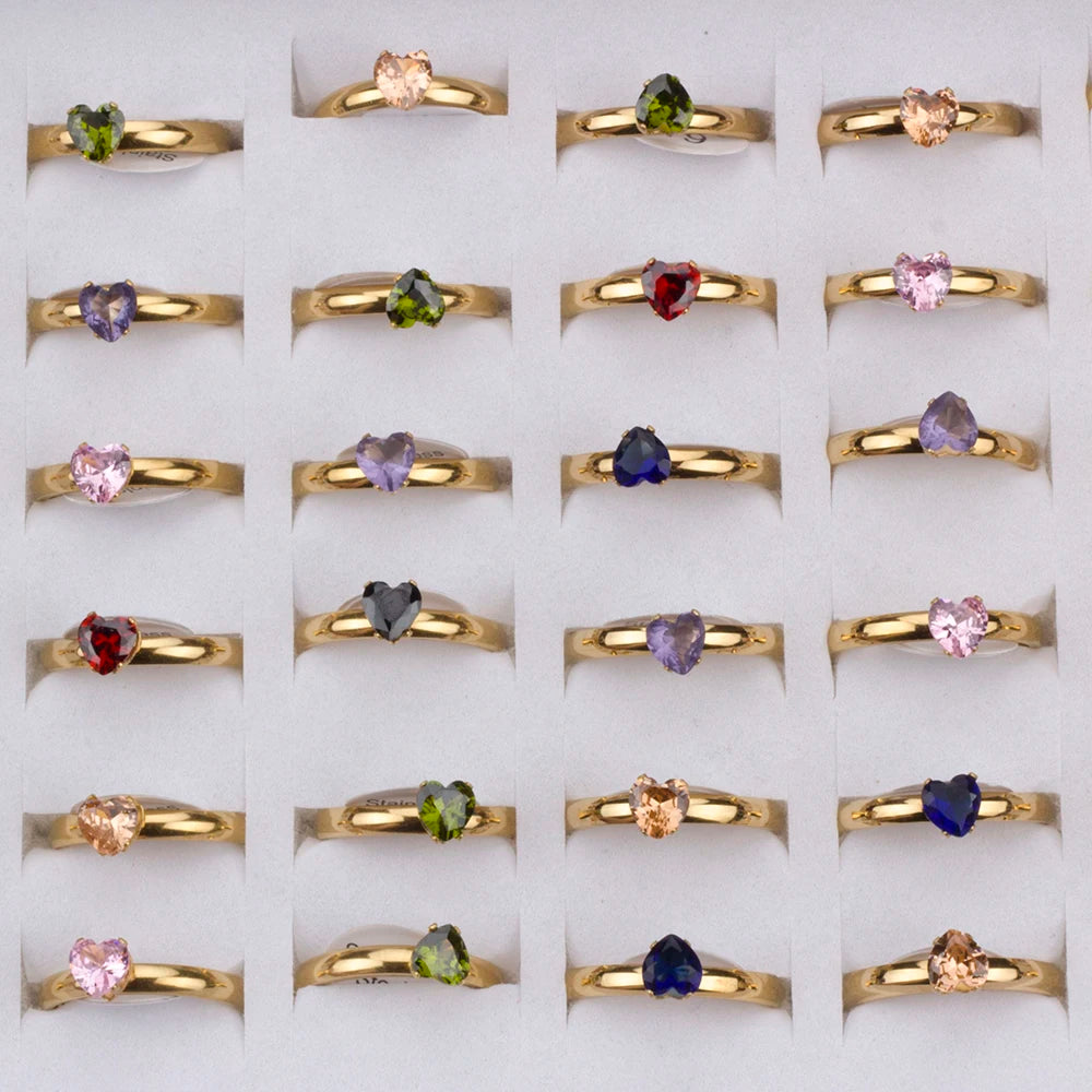 36Pcs/lot Fashion Stainless Steel Zircon Heart Love Rings For Women Mix Style Wedding Engagement Jewelry