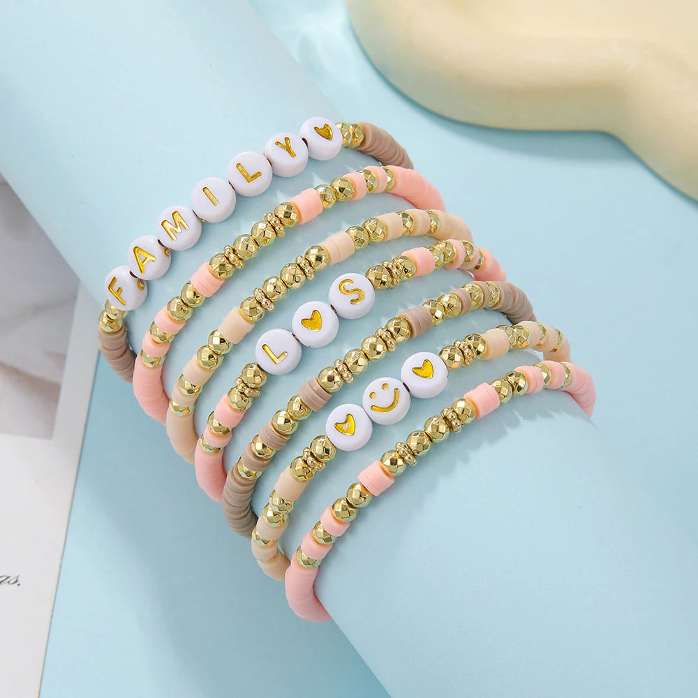 New In Simple Colorful Polymer Clay Smiling Face Love Pearl Bracelet Set Emotional Bracelet for women scene vintage jewelery