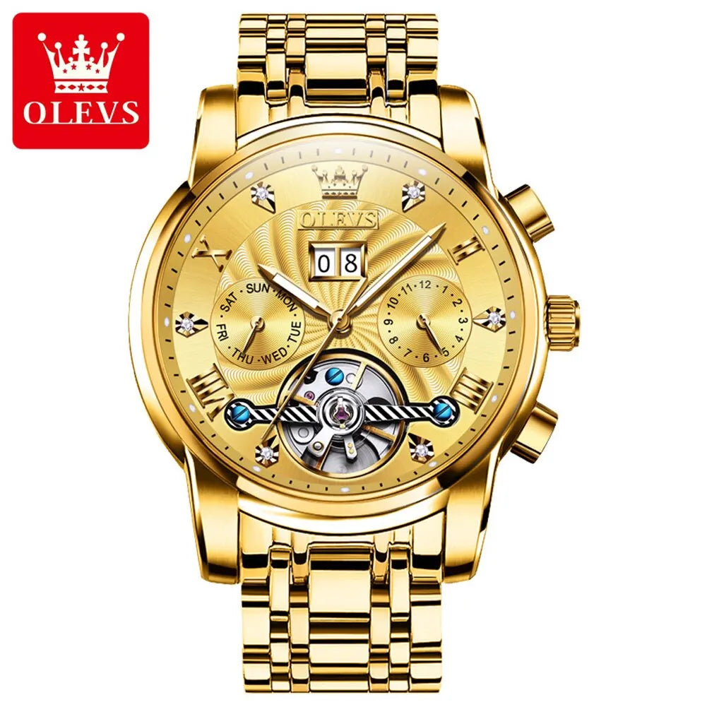 OLEVS Mens Watch Automatic Mechanical Tourbillon Slef-Wind Luxury Stainless Steel Strap Waterproof Luminous Date Wrist Watch