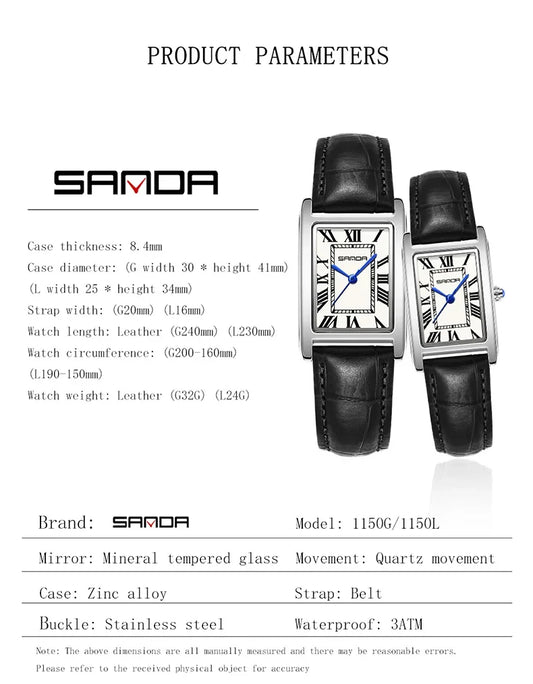 SANDA Luxury Tank Couple Watch Wear Resistant Leather Strap Square Dial Waterproof Sport Casual Women Men Quartz Watches Reloj