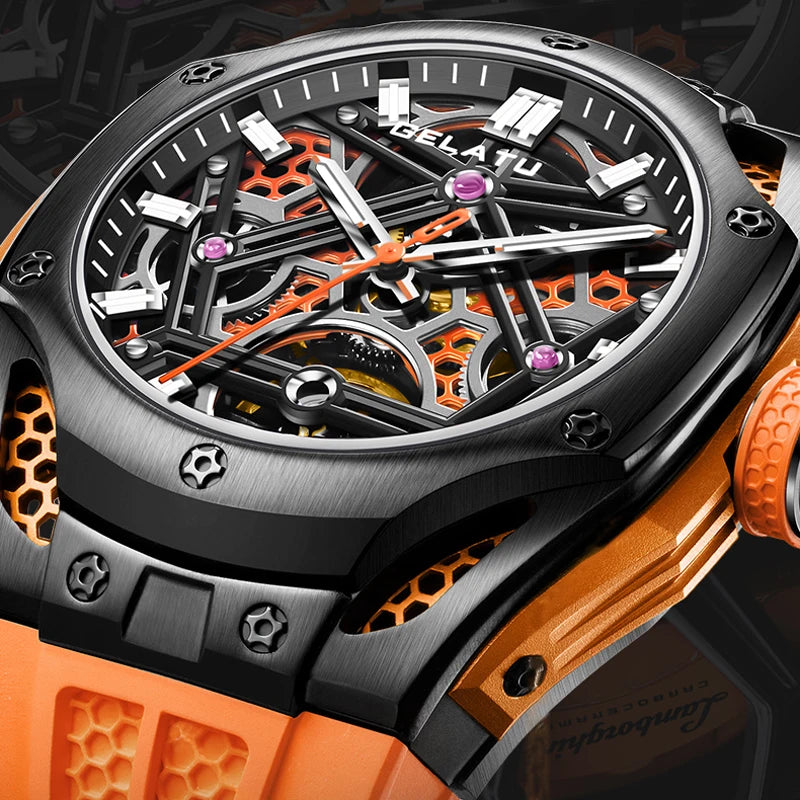GELATU NEW Skeleton Tourbillon Watch For Men 5ATM Waterproof Luxury Sky Blue Automatic Mechanical Watches Mens Reloj Hombre