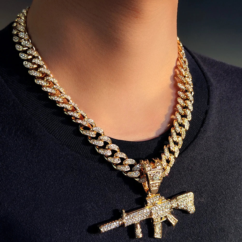 Men Women 14MM Cuban Chain AK47 Gun Pendant Necklace Iced Out AAA Rhinestone Prong Miami Cuban Link Chain Hip Hop Jewelry Gifts