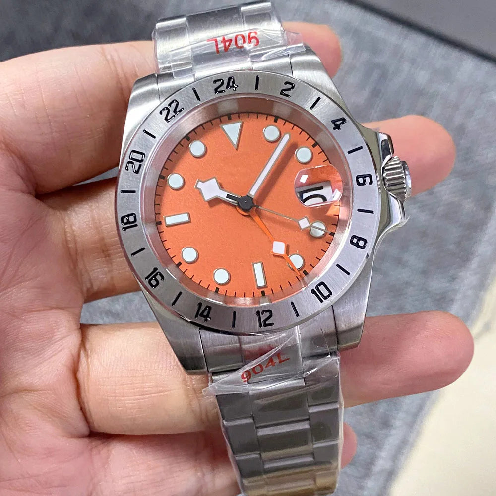 NH34A Watch Waterproof Field Automatic Mechanical Wristwatch Men Orange GMT Hand Master 24 Hours Sapphire Glass Glide Lock