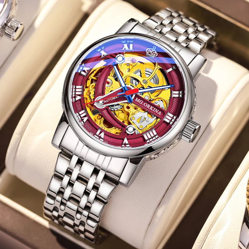 Casual Mechanical Watches For Men Fashion Stainless Steel Strap Automatic Hollow Wristwatch Luminous Skeleton Clock Relogio