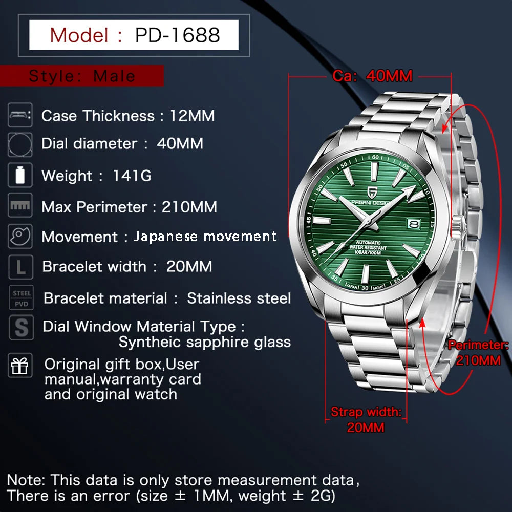 PAGANI DESIGN 40MM A150 Men's Watches Luxury Automatic Watch For Men Mechanical WristWatch Stainless Steel Sapphire Glass