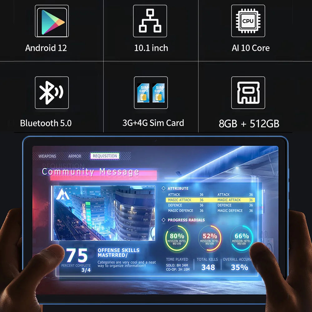 New 5G Pro 10.1 Inch Tablet Pc 8GB RAM 512GB ROM 2000x1200 Tablets 10 Core Google Play 4G LTE Phone Call Android 12 WiFi 8000mAh
