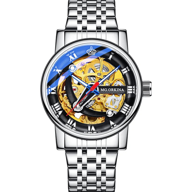 Casual Mechanical Watches For Men Fashion Stainless Steel Strap Automatic Hollow Wristwatch Luminous Skeleton Clock Relogio