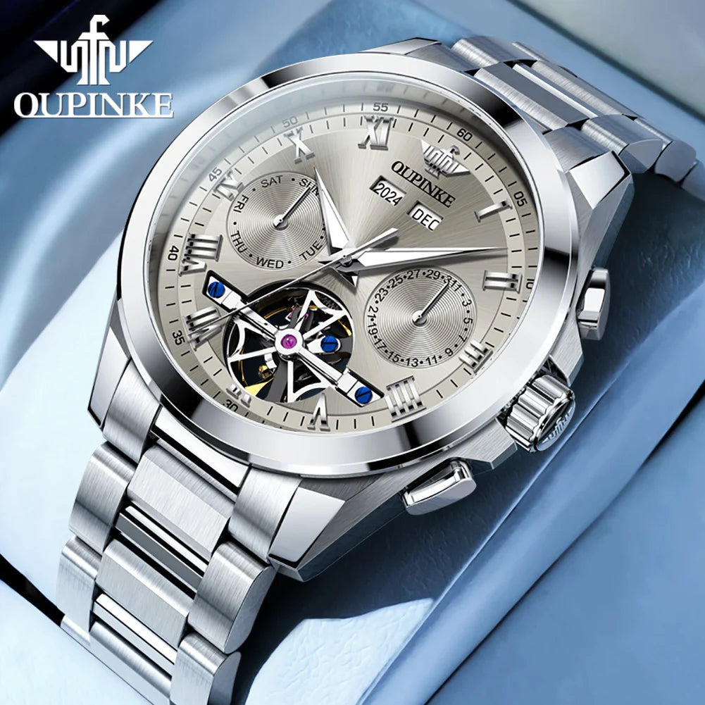 OUPINKE 3281 Top Luxury Mens Watch Sapphire Flywheel Automatic Mechanical Watch For Man 50M Waterproof Calendar Week Gifts Reloj
