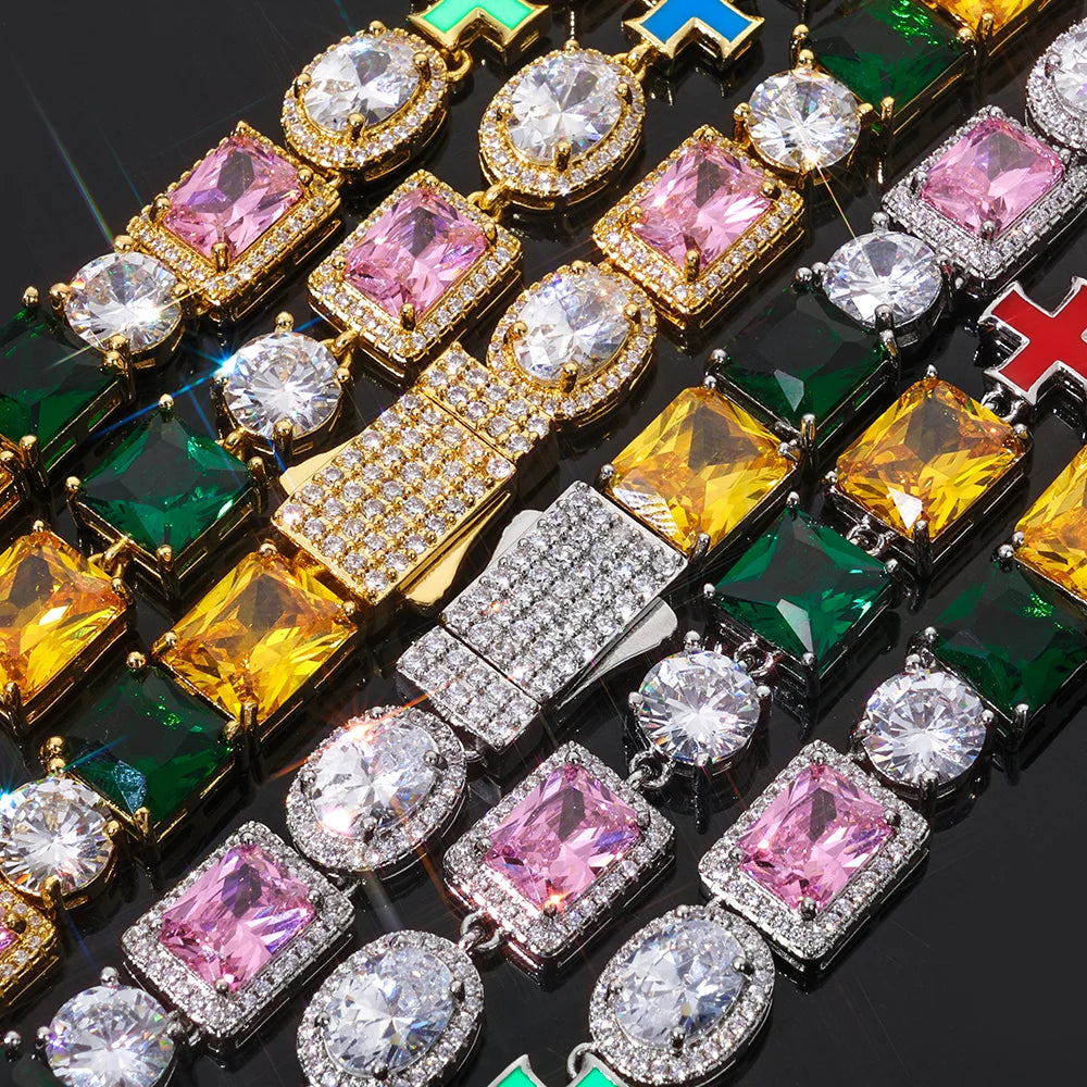 NY Hip Hop Jewelry Rainbow Zircon Necklace 18k Gold Plated Geometric Colorful Cross Link Chain Fashion for Women