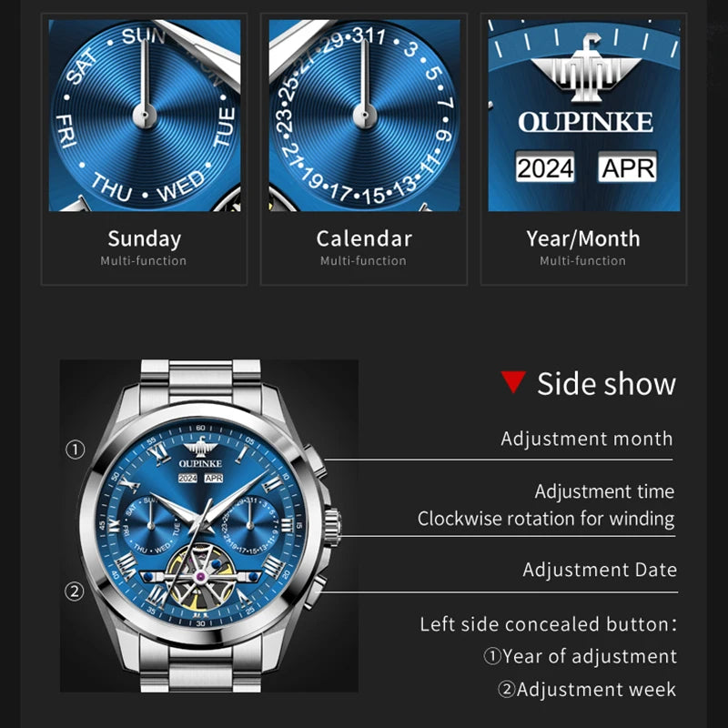 OUPINKE 3281 Top Luxury Mens Watch Sapphire Flywheel Automatic Mechanical Watch For Man 50M Waterproof Calendar Week Gifts Reloj