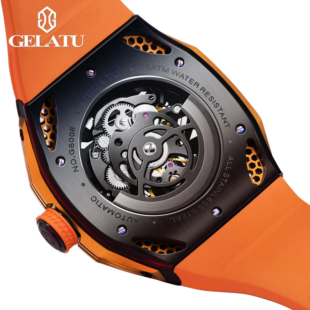 GELATU NEW Skeleton Tourbillon Watch For Men 5ATM Waterproof Luxury Sky Blue Automatic Mechanical Watches Mens Reloj Hombre