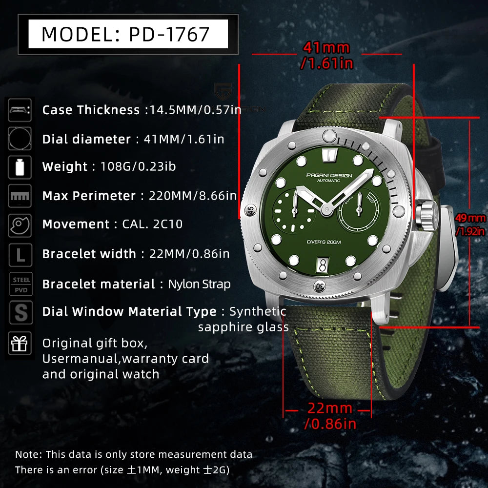 PAGANI DESIGN Men's Watches New Diver Automatic Mechanical Watch Sapphire Stainless Steel Sport 20 Bar Clock Relogios Masculino