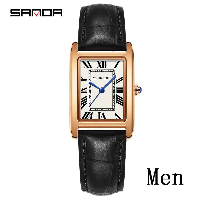 SANDA Luxury Tank Couple Watch Wear Resistant Leather Strap Square Dial Waterproof Sport Casual Women Men Quartz Watches Reloj