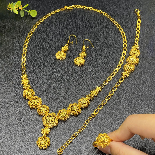 ANIID Indian 24k Gold Color Flower Shape Necklace Earrings Bracelet Ring Set Elegant Bridal Wedding Jewelry Sets for Dubai Lady