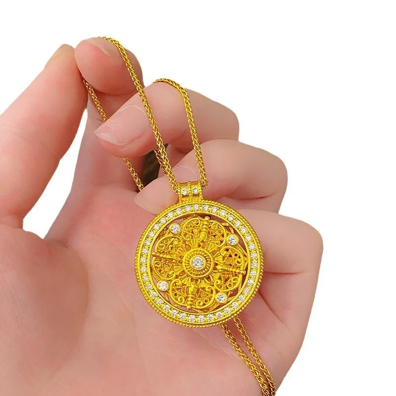 9999 24K real gold rotatable four-sided blessing diamond inlaid eight treasure compass necklace ancient Chinese women's jewelry