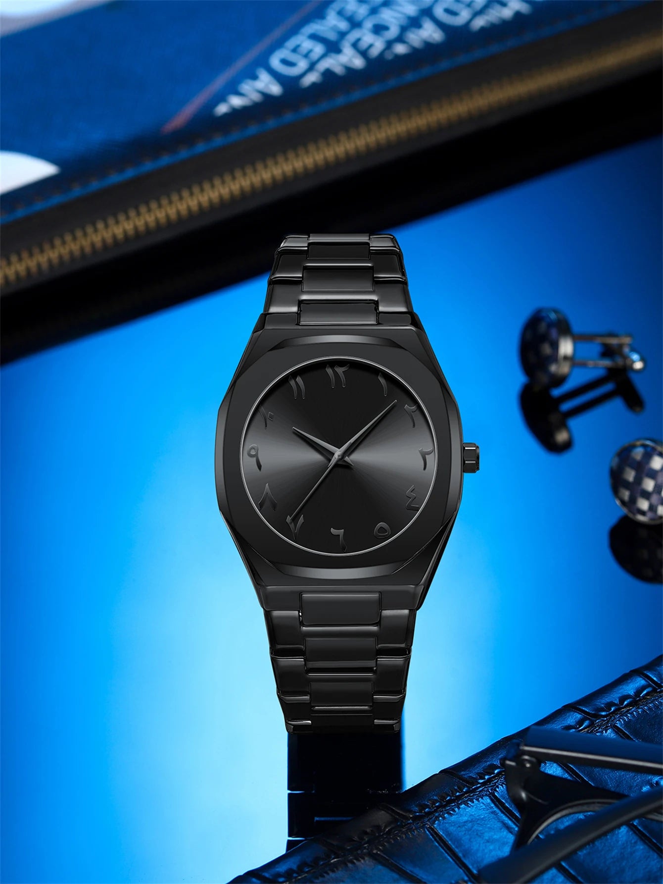 Modern minimalist personality creative all-black men's watch Arabic digital sports leisure alloy men's watch unique design watch