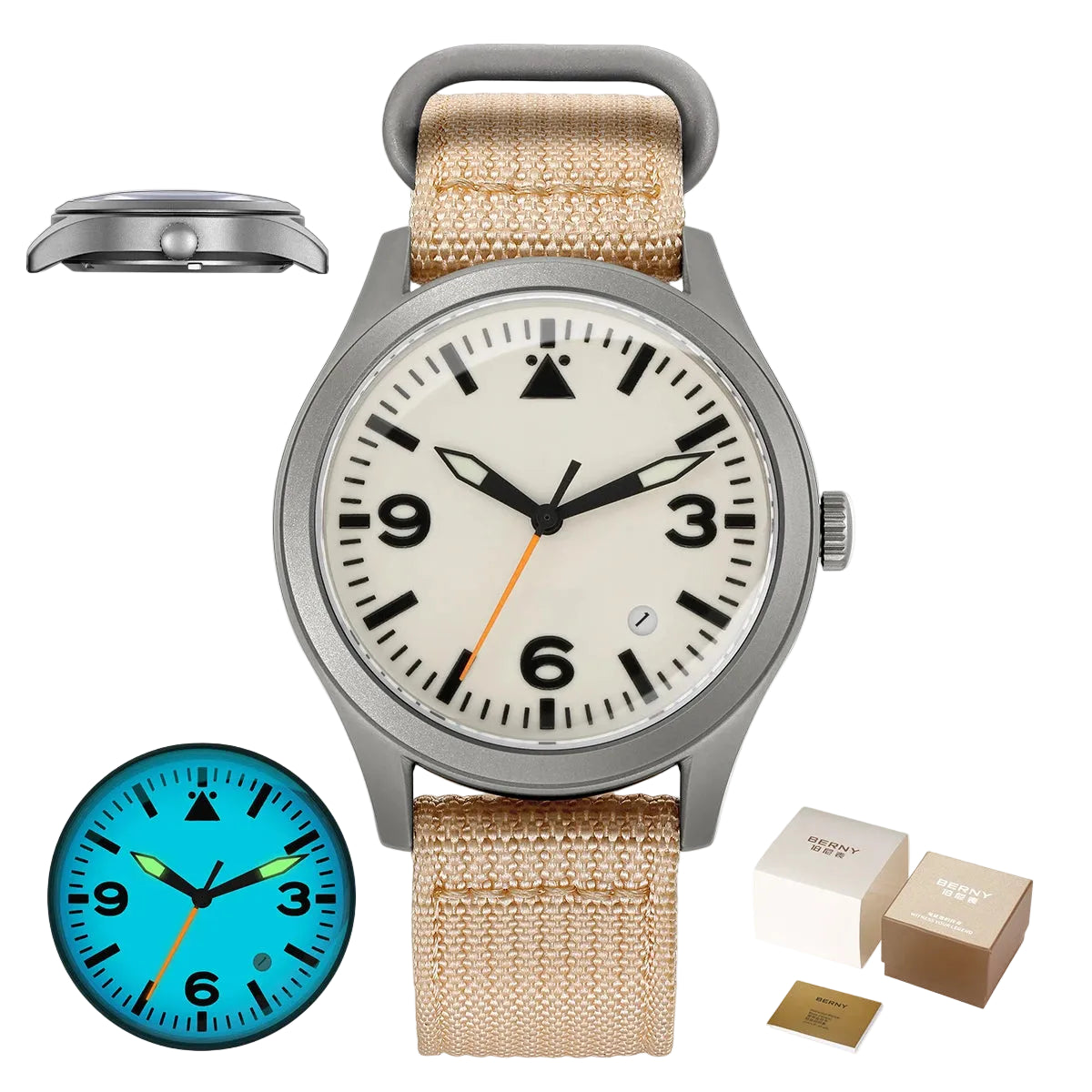 Watch with beige strap, additional watch face, and packaging
