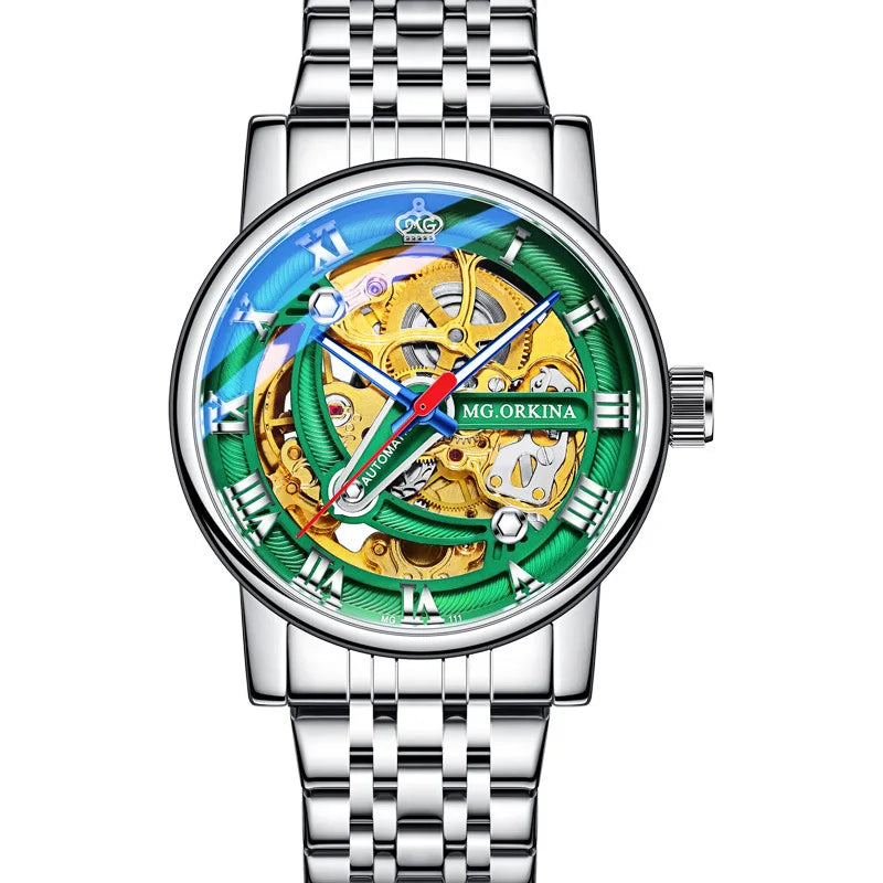 Casual Mechanical Watches For Men Fashion Stainless Steel Strap Automatic Hollow Wristwatch Luminous Skeleton Clock Relogio