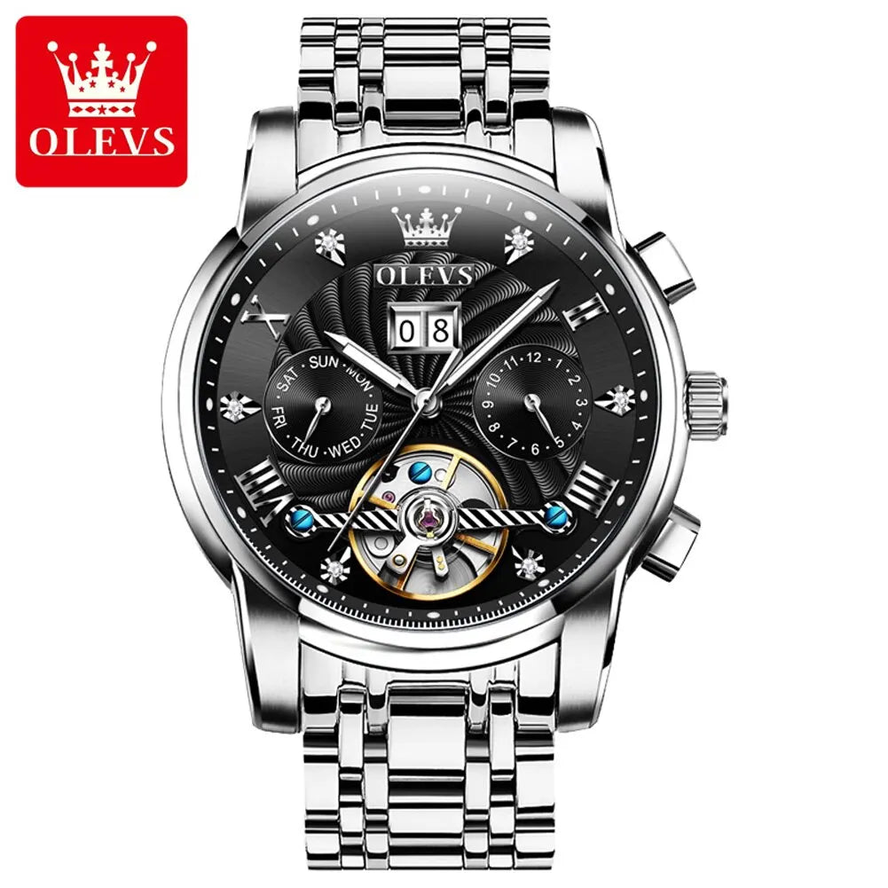 OLEVS Mens Watch Automatic Mechanical Tourbillon Slef-Wind Luxury Stainless Steel Strap Waterproof Luminous Date Wrist Watch