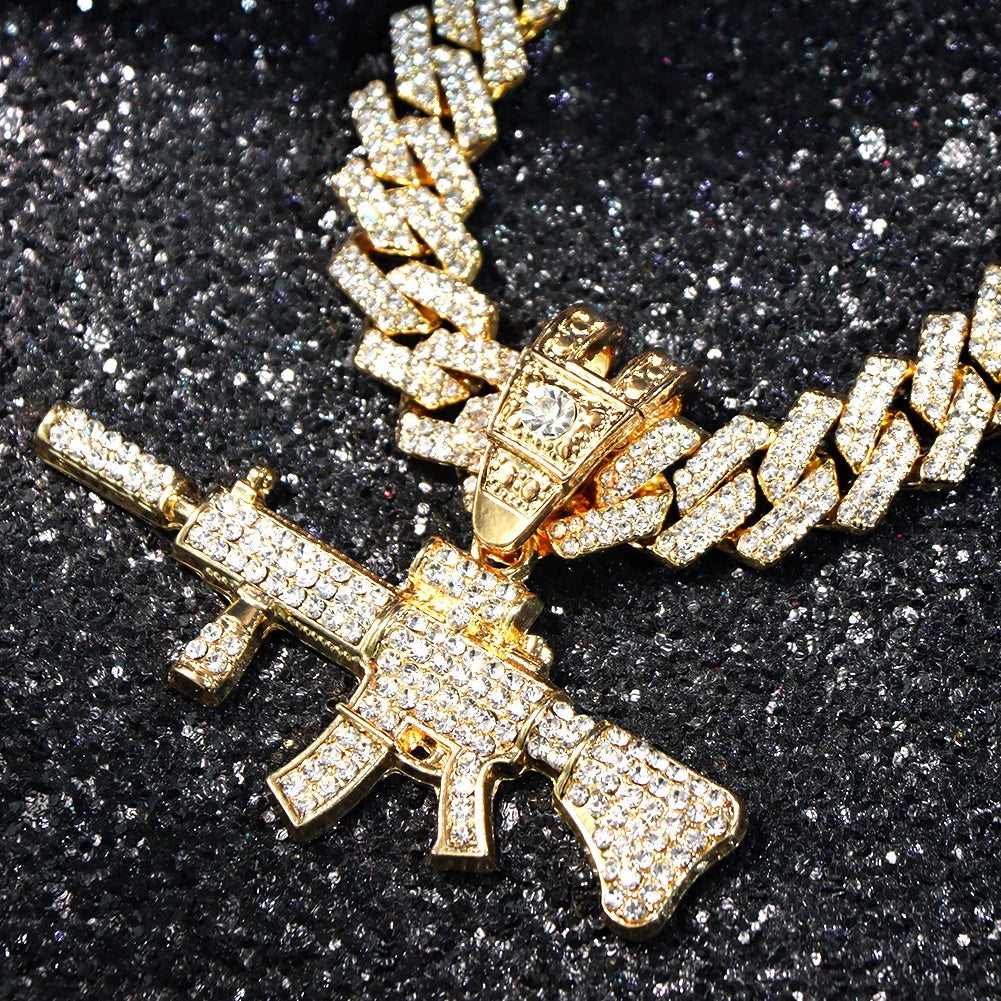 Men Women 14MM Cuban Chain AK47 Gun Pendant Necklace Iced Out AAA Rhinestone Prong Miami Cuban Link Chain Hip Hop Jewelry Gifts
