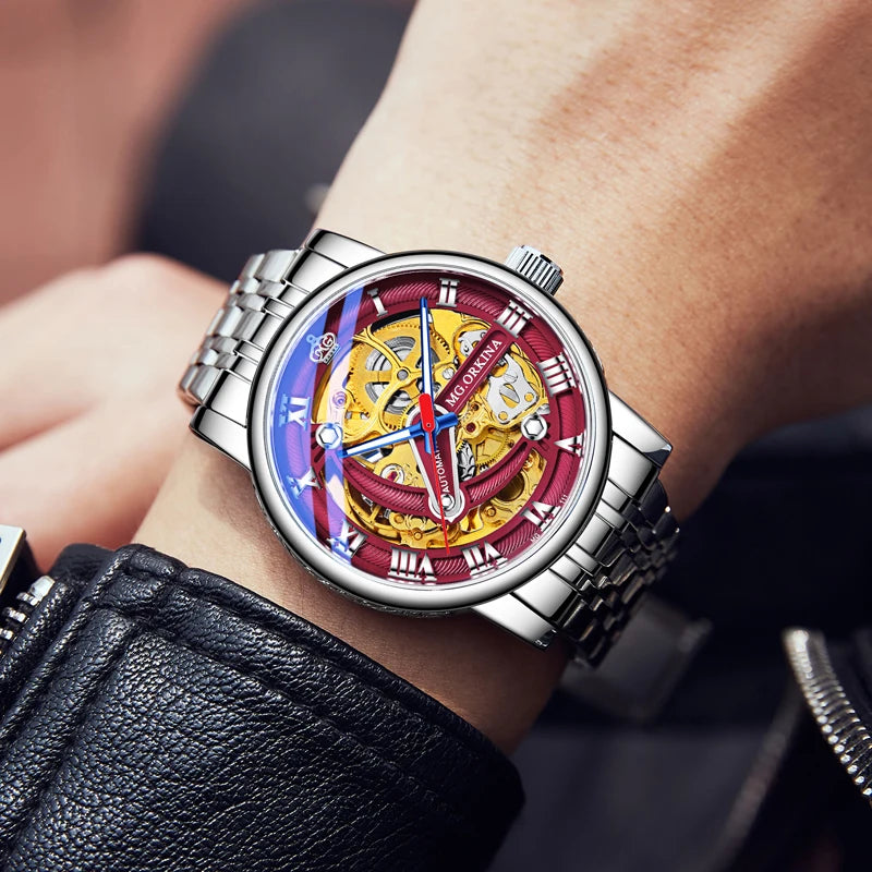 Casual Mechanical Watches For Men Fashion Stainless Steel Strap Automatic Hollow Wristwatch Luminous Skeleton Clock Relogio