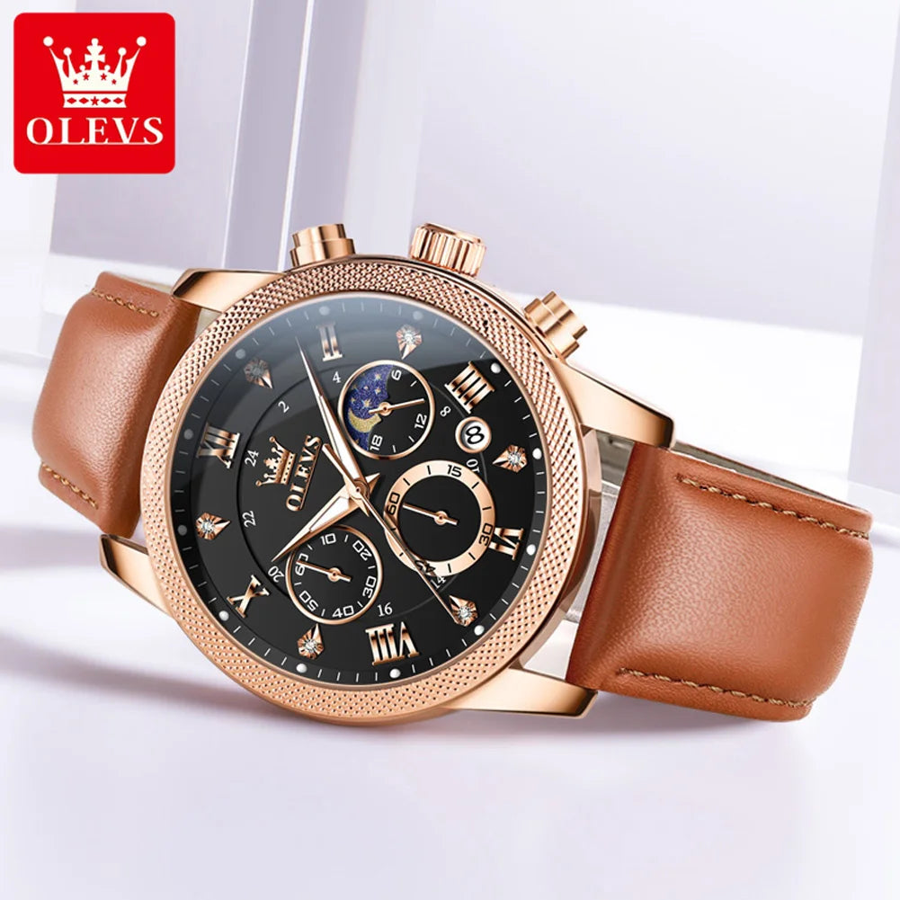 OLEVS 3660 Men's Watch Trendy Leather Strap Moon Phase Chronograph Luminous Waterproof Original Quartz Watch for Man Wristwatch
