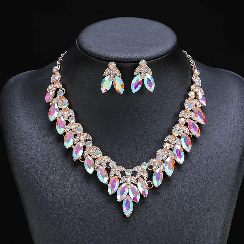 Rhinestone Choker Necklaces Earrings Set Crystal Necklaces Fashion Gold Color for Women Bridal Weddings Jewelry Party