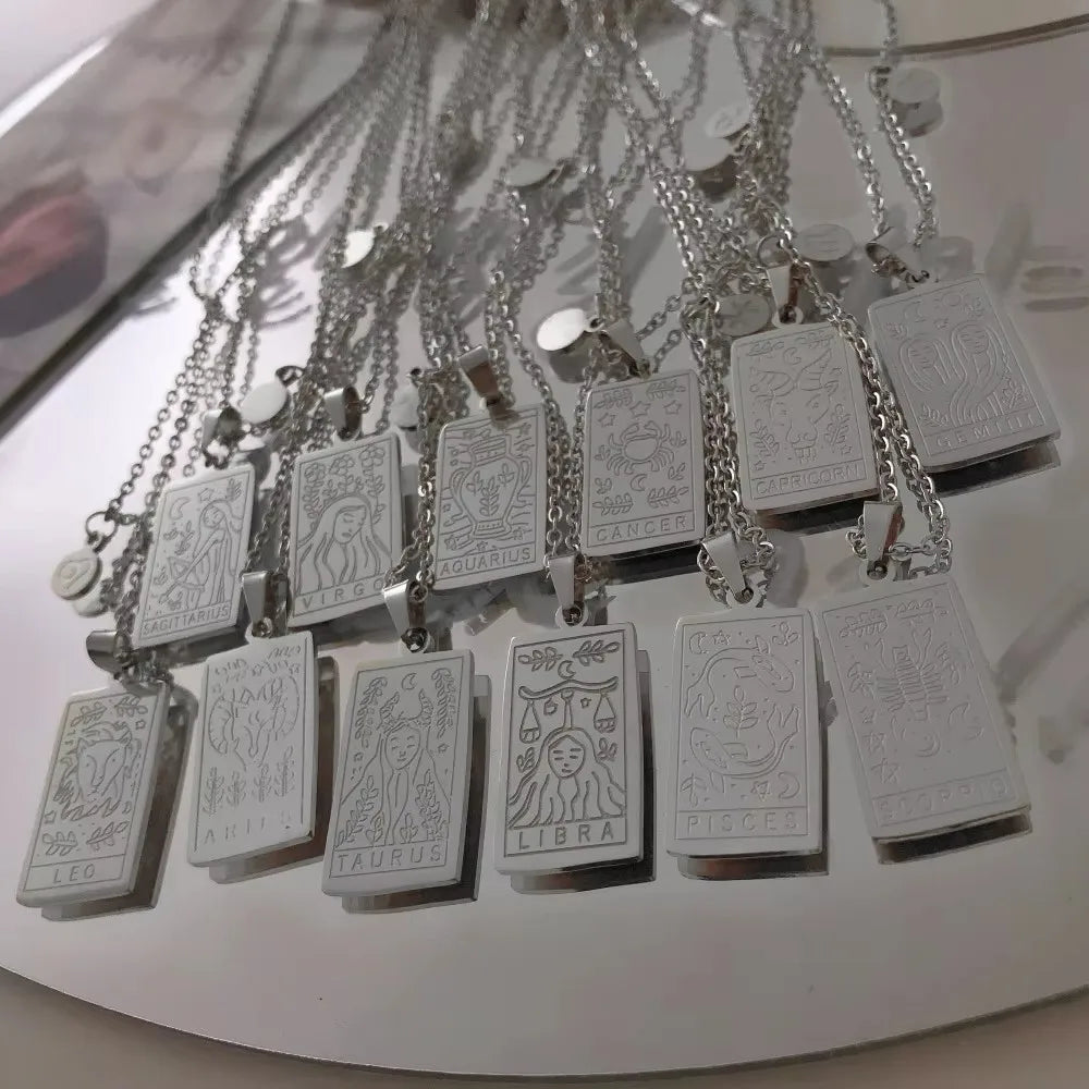 Stainless Steel Geometric Pendant Horoscope 12 Constellations Necklace for Women Zodiac Sign Necklaces Collar Gift for Her