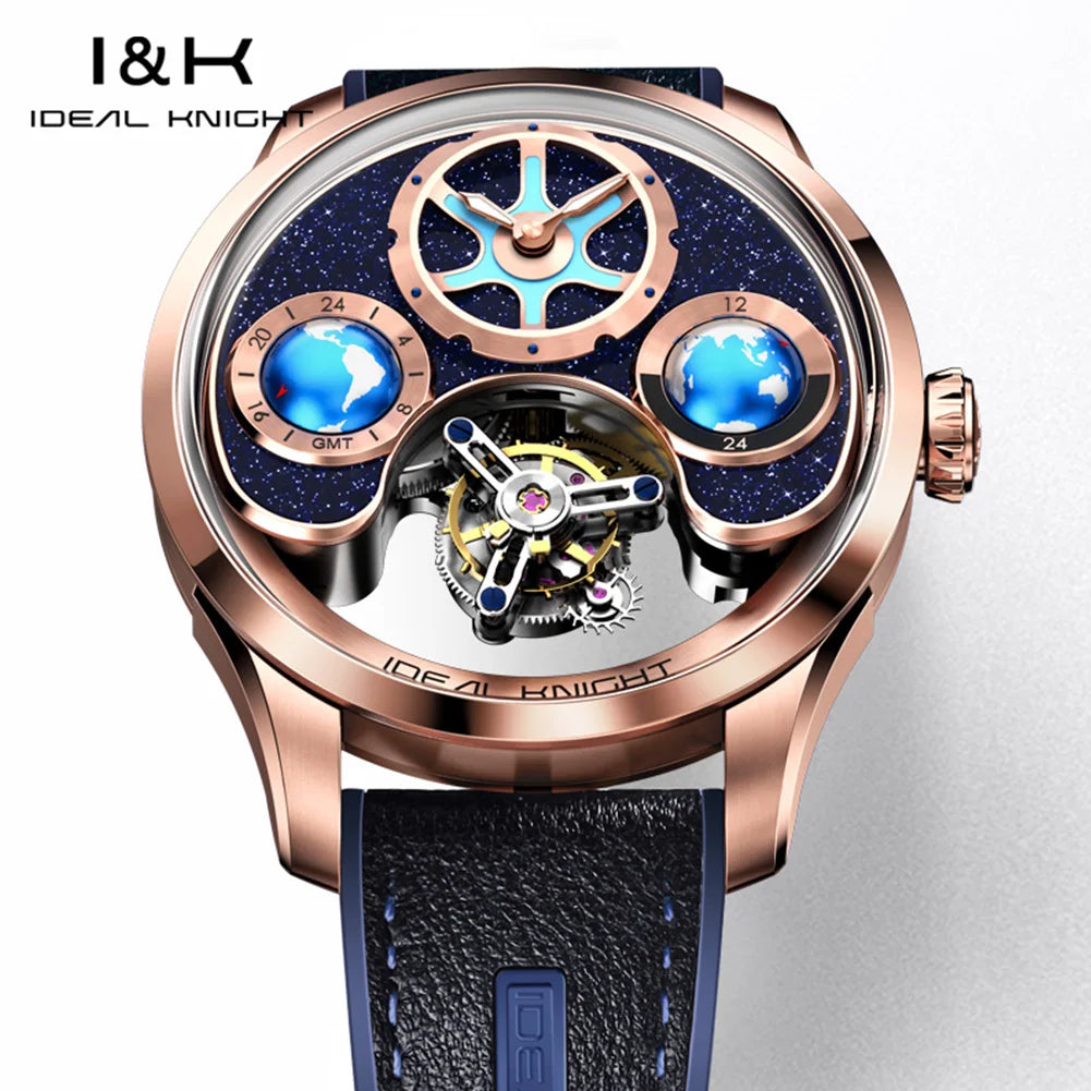 IDEAL KNIGHT 6808 Original Mechanical Watch For Men Top Brand 43mm Big Dial Flywheel Skeleton Hand Clock Business Man Watch Set