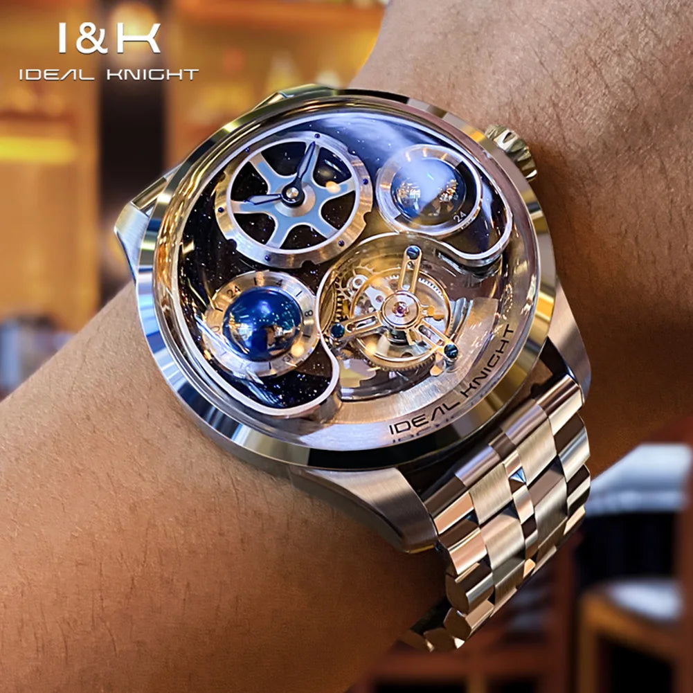 IDEAL KNIGHT 6808 Original Mechanical Watch For Men Top Brand 43mm Big Dial Flywheel Skeleton Hand Clock Business Man Watch Set