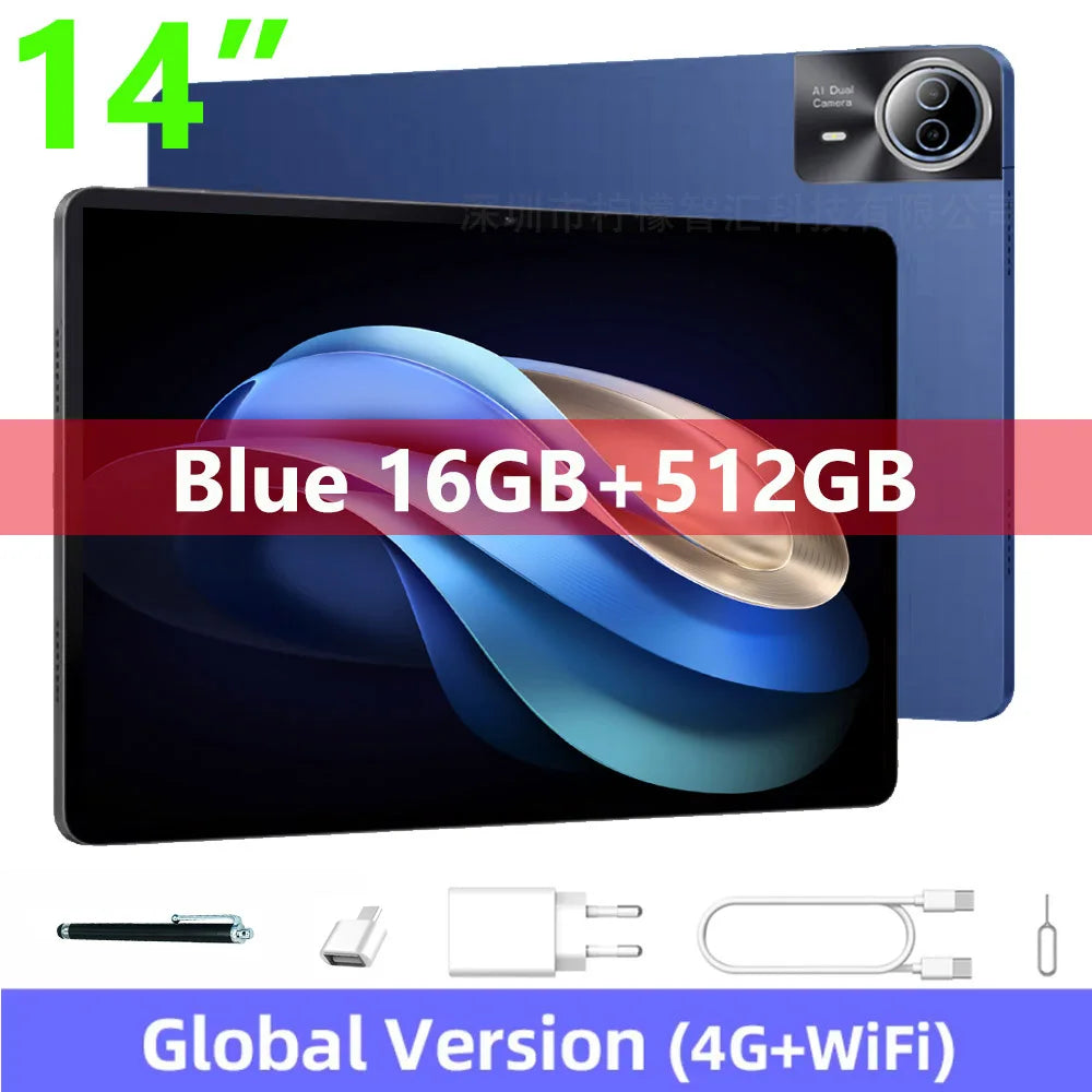 Global Version 14 Inch Tablet PC Big Screen 1920x1200 IPS 16+512GB Tablet 14" Android 14 4G LTE Game Study PAD 12000mAH Battery