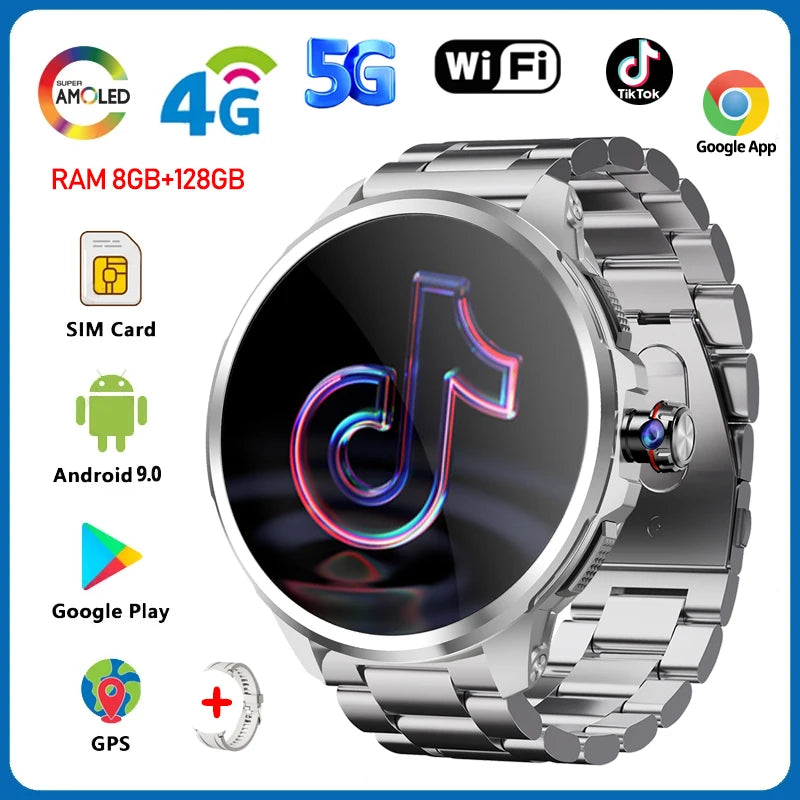5G/4G All-Network Smart Watch 1.95 inch AMOLED 2100mah Battery 8GB+128GB RAM 900W Camera GPS WIFI Google APP Download Smartwatch