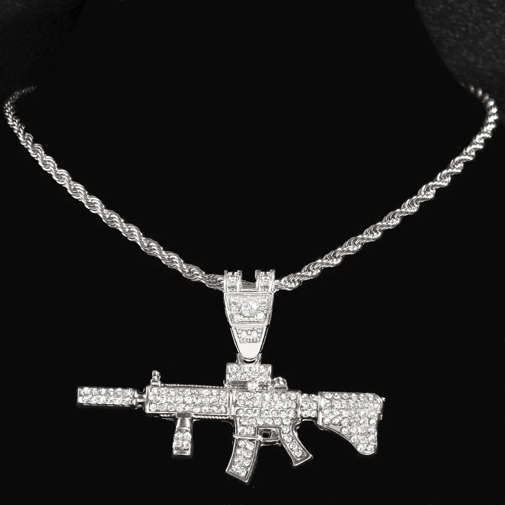 Men Women 14MM Cuban Chain AK47 Gun Pendant Necklace Iced Out AAA Rhinestone Prong Miami Cuban Link Chain Hip Hop Jewelry Gifts