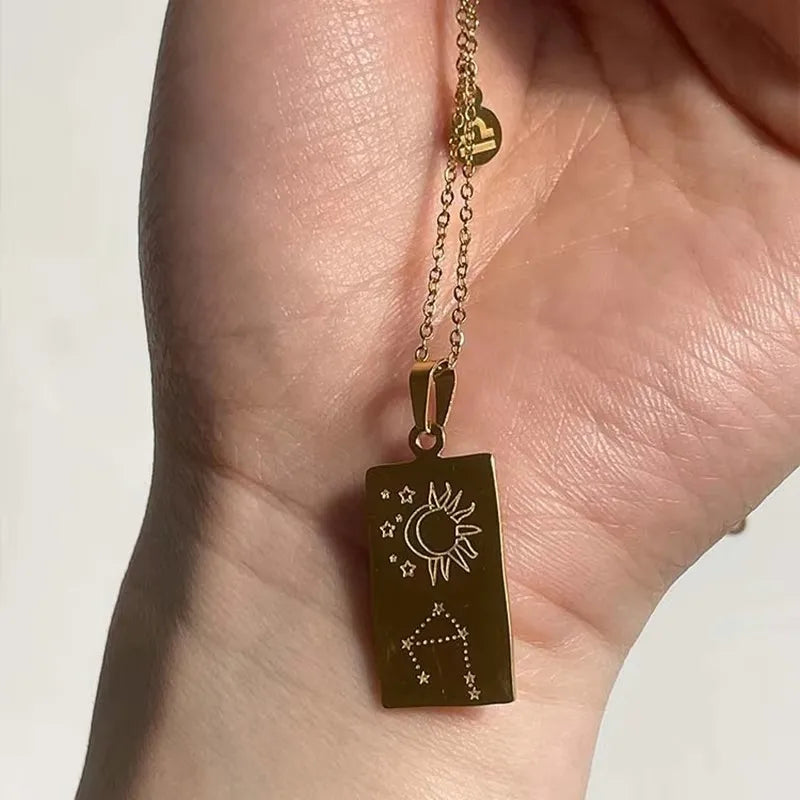 Stainless Steel Geometric Pendant Horoscope 12 Constellations Necklace for Women Zodiac Sign Necklaces Collar Gift for Her