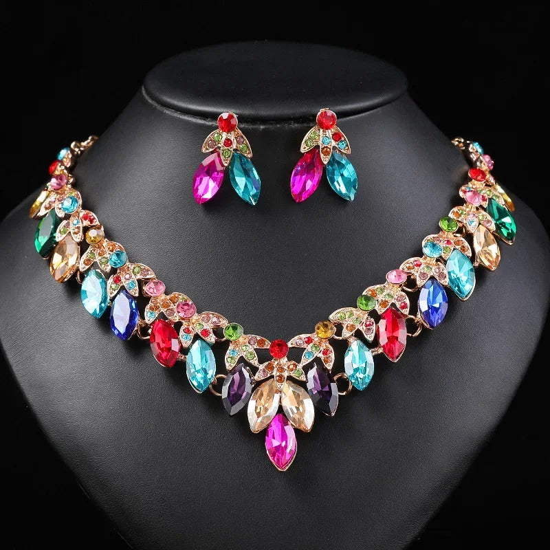 Rhinestone Choker Necklaces Earrings Set Crystal Necklaces Fashion Gold Color for Women Bridal Weddings Jewelry Party