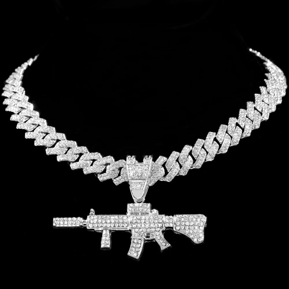 Men Women 14MM Cuban Chain AK47 Gun Pendant Necklace Iced Out AAA Rhinestone Prong Miami Cuban Link Chain Hip Hop Jewelry Gifts