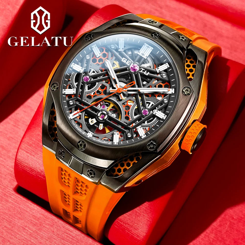 GELATU NEW Skeleton Tourbillon Watch For Men 5ATM Waterproof Luxury Sky Blue Automatic Mechanical Watches Mens Reloj Hombre