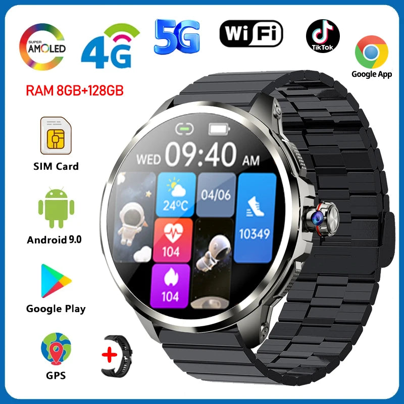 5G/4G All-Network Smart Watch 1.95 inch AMOLED 2100mah Battery 8GB+128GB RAM 900W Camera GPS WIFI Google APP Download Smartwatch