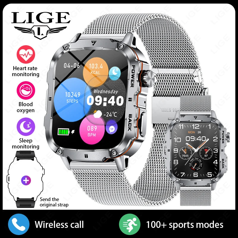 LIGE 2025 Rugged Military Smart Watch Men Outdoor Watches lP68 Waterproof 1.95" Al Voice BT Call Man Smartwatch For Android IOS