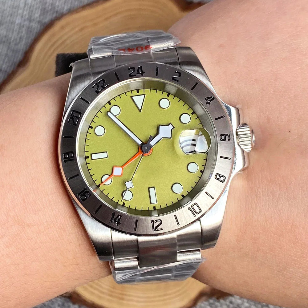 NH34A Watch Waterproof Field Automatic Mechanical Wristwatch Men Orange GMT Hand Master 24 Hours Sapphire Glass Glide Lock