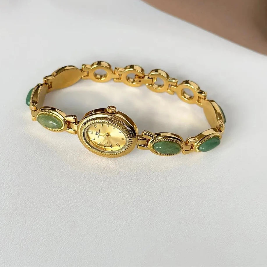 Watches For Woman Elegant Vintage Natural Dongling Stone Bracelet Ladies Small Dial Oval Quartz Dress Watch